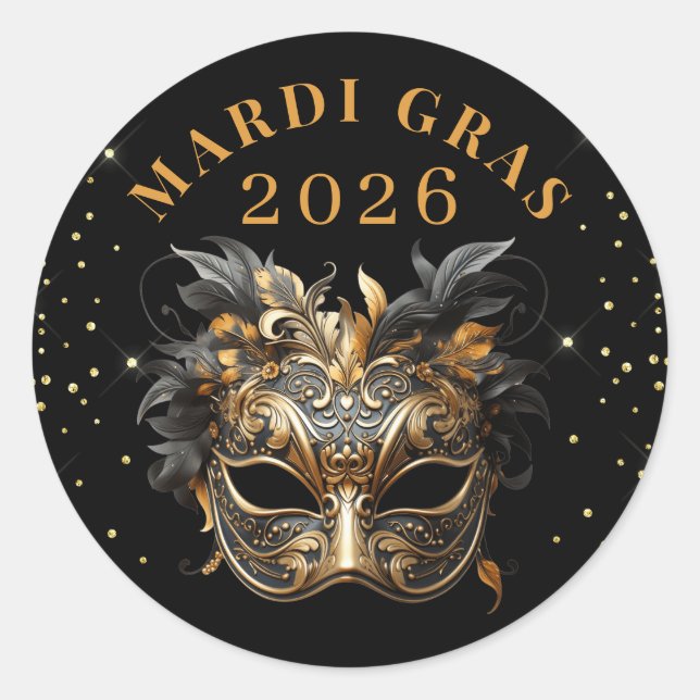 Sticker Rond Elegant Black Gold Glitter Mardi Gras 2026 (Devant)