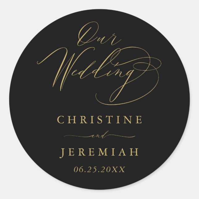 Sticker Rond Élégant Black Gold Mariage de script moderne (Devant)