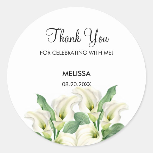 Sticker Rond Elégant Blanc Calla Lily Floral Anniversaire (Devant)