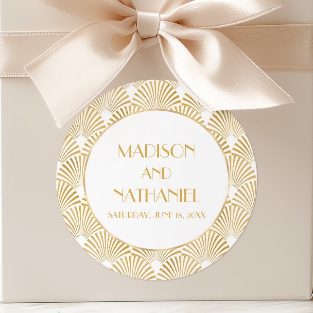 Sticker Rond Elégant Blanc Or Géométrique Mariage Art Déco (Créateur téléchargé)