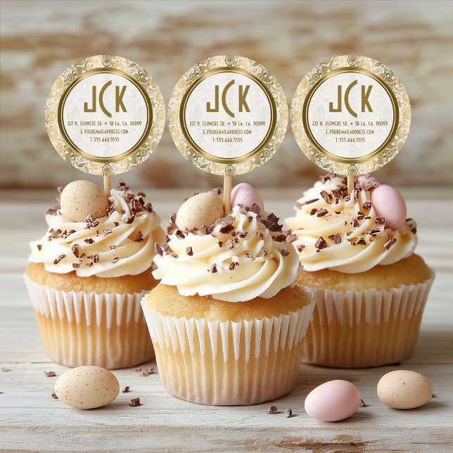 Sticker Rond Elégant blanc & or Motif dentelle florale Damas (Créateur téléchargé)