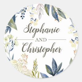 Sticker Rond Elégant bleu Aquarelle Enveloppe Fleur Sceau Favor