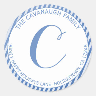 Sticker Rond Élégant Bleu Argent Foil Stripe Monogramme Adresse