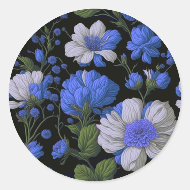 Sticker Rond Elégant bleu argenté blanc élégant floral rétro (Devant)