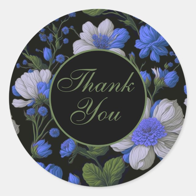 Sticker Rond Elégant bleu argenté blanc élégant floral rétro (Devant)