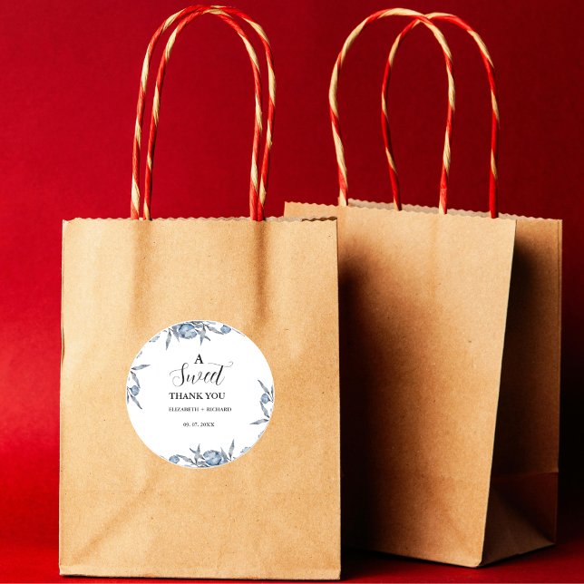 Sticker Rond Élégant Bleu Botanique Doux Merci Fête  (Créateur téléchargé)