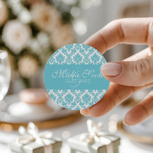 Sticker Rond Elégant bleu clair blanc Mariage damassé Favoriser