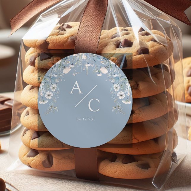 Sticker Rond Elégant bleu Dusty Fleurs Floral Mariage (Créateur téléchargé)