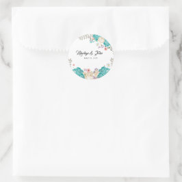 Sticker Rond Elégant Bleu Fleurs Blanches Mariage Romantique