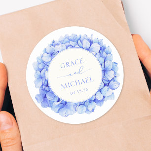 Sticker Rond Elégant bleu Hydrangea Aquarelle Floral Mariage