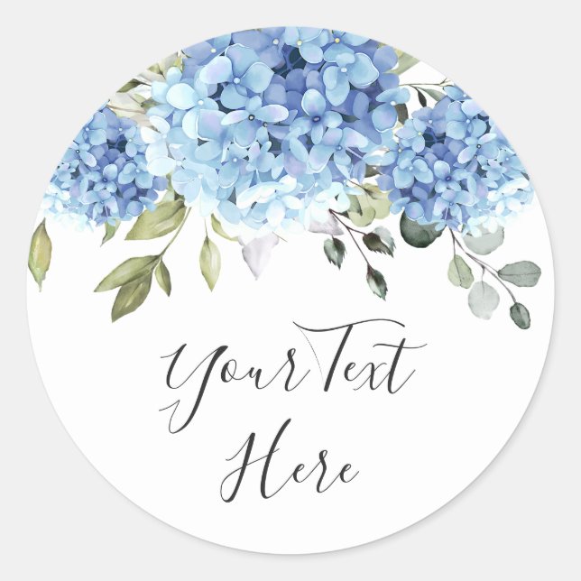 Sticker Rond Elégant bleu Hydrangea Eucalyptus Personnalisé (Devant)