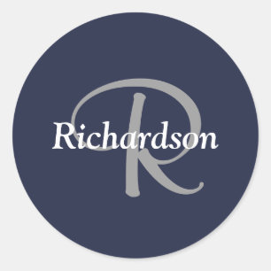 Sticker Rond Élégant bleu marine blanc argent gris argent Monog