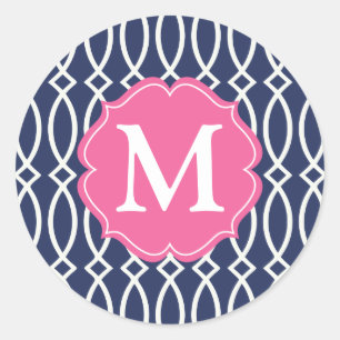 Sticker Rond Élégant bleu marine moderne Trellis Monogramme