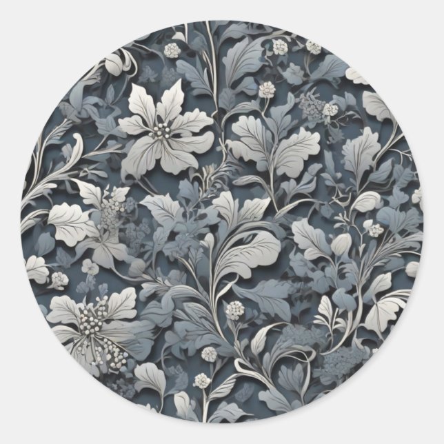 Sticker Rond Elégant bleu poussiéreux argent blanc gris gris fl (Devant)