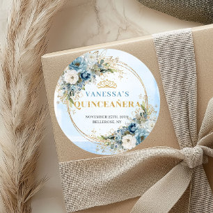 Sticker Rond Élégant Bleu Poussiéreux Or Eucalyptus Quinceañera