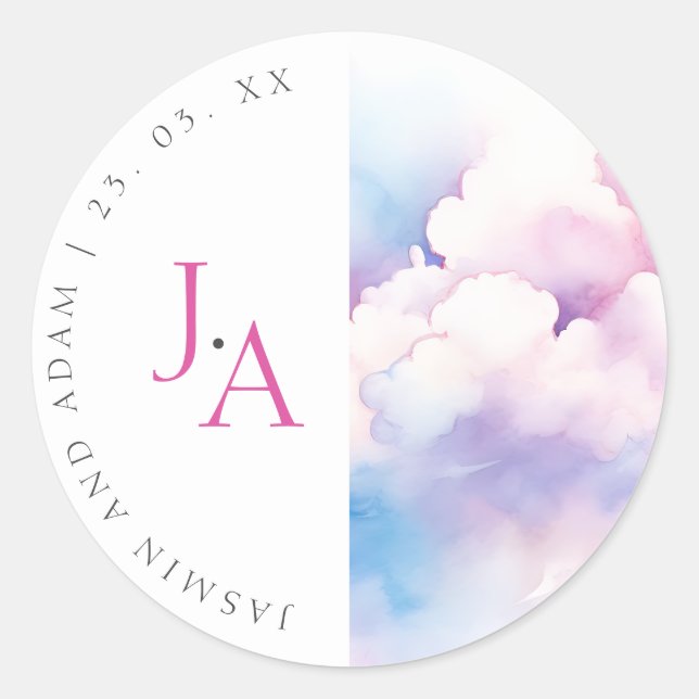 Sticker Rond Élégant bleu rose Clouds blancs Monogramme Mariage (Devant)