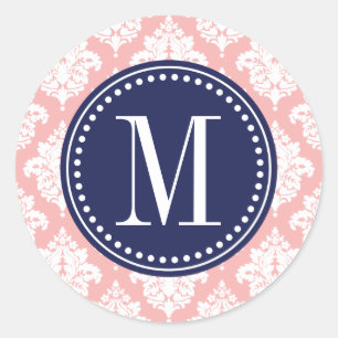 Sticker Rond Élégant bleu rose Damas Personnalisé