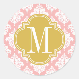 Sticker Rond Élégant bleu rose Damas Personnalisé