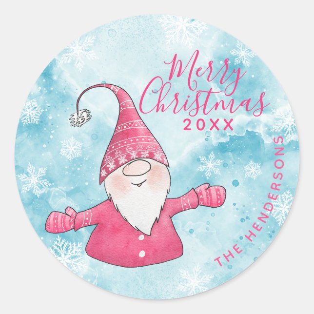 Sticker Rond Elégant bleu rose Gnome Personnalisé Joyeux Noël (Devant)
