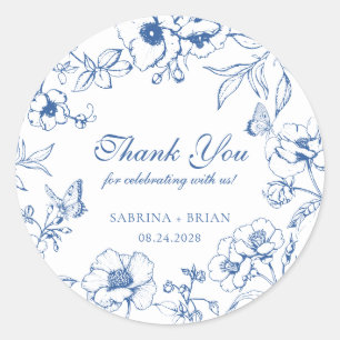 Sticker Rond Élégant Bleu Royal Floral Mariage Remerciement