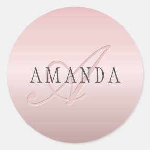 Sticker Rond Elégant Blush Faux Rose Gold   Nom et monogramme