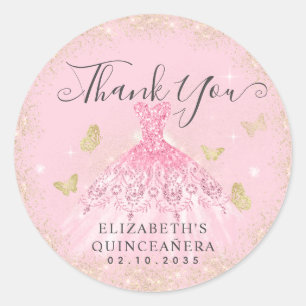 Sticker Rond Elégant Blush Pink Gold Gown Quinceañera Merci