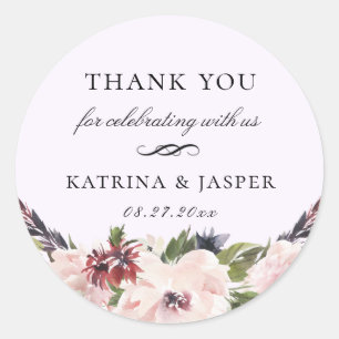 Sticker Rond Élégant Blush Plum Floral Mariage Favoriser