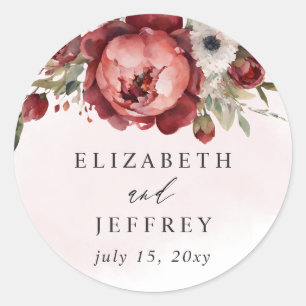 Sticker Rond Élégant Boho Bourgogne Blush Floral Mariage
