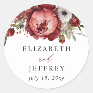 Sticker Rond Élégant Boho Bourgogne Blush Floral Mariage