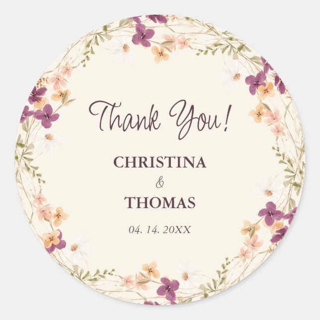 Sticker Rond Elegant Boho Fleur sauvage Mariage (Devant)