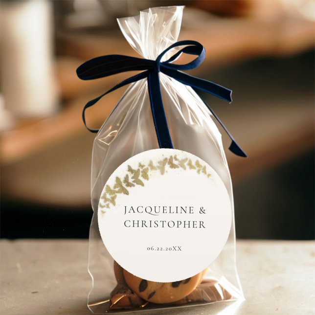 Sticker Rond Élégant Boho Gold Butterflies Romantique Mariage (boho gold butterflies romantic wedding sticker elegant modern bohemian simple minimalist rustic chic)