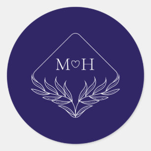 Sticker Rond Élégant Boho Leaf Monogramme Mariage bleu foncé