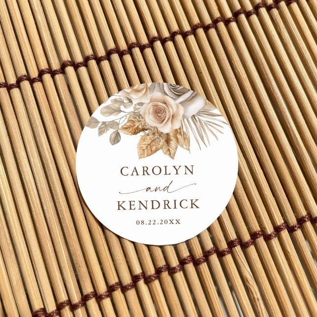 Sticker Rond Elégant Boho Neutre Floral Accents Mariage Faveur (Créateur téléchargé)