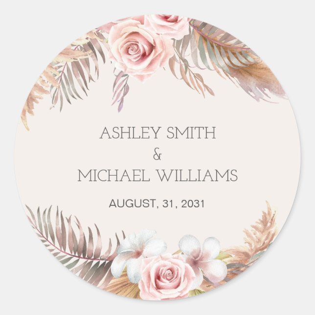 Sticker Rond Élégant Boho Rustique Floral Botaniqe Mariage (Devant)