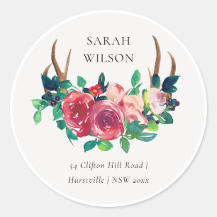 Sticker Rond Elégant Boho Rustique Floral Stag Antlers Adresse