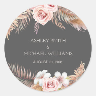 Sticker Rond Élégant Boho Rustique Pampass Mariage foncé en lai