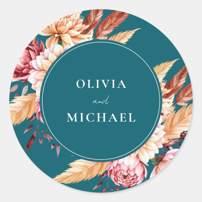 Sticker Rond Élégant Boho Turquoise Chic Floral Mariage (Devant)