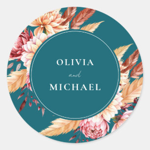 Sticker Rond Élégant Boho Turquoise Chic Floral Mariage