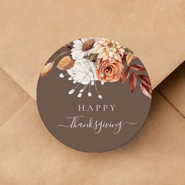 Sticker Rond Élégant Bon thanksgiving floral automne (Elegant Fall Floral Happy Thanksgiving Classic Round Sticker)