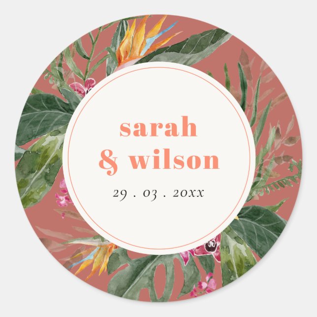 Sticker Rond Élégant Brown Blush Boho Tropical Floral Mariage (Devant)