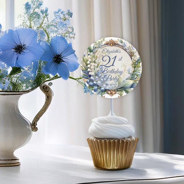 Sticker Rond Elégant cadre floral baroque 21ème anniversaire (Elegant Baroque Floral Frame 21st Birthday Party Classic Round Sticker)