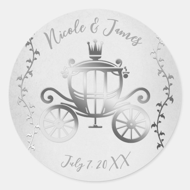 Sticker Rond Élégant Carrosse Argenté Histoire Blanche Royale (Devant)