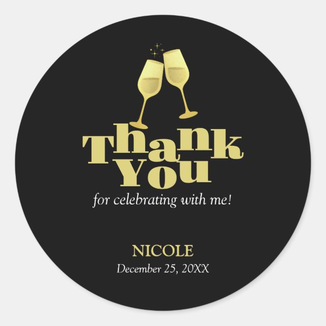 Sticker Rond Elégant Champagne d'or noir Merci d'anniversaire (Devant)