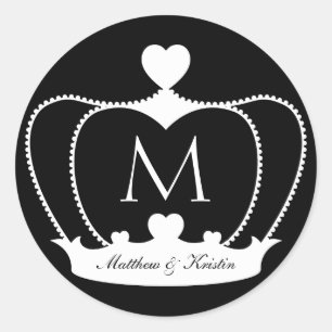 Sticker Rond Élégant chevalet de mariage B&W Monogram Crown
