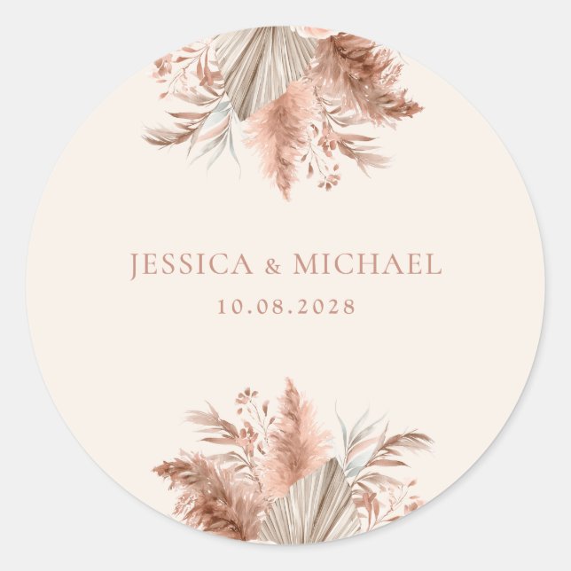 Sticker Rond Élégant Chic Boho Pampas Mariage Floral (Devant)