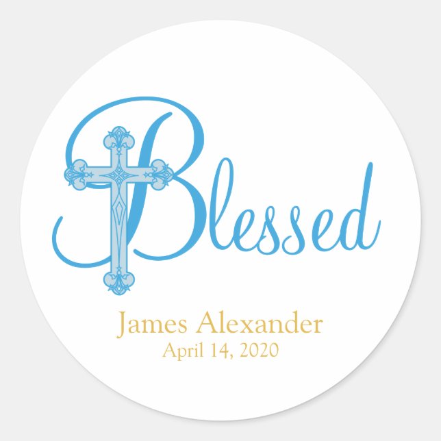 Sticker Rond élégant CHRISTENING ou croix bleue BAPTISME (Devant)
