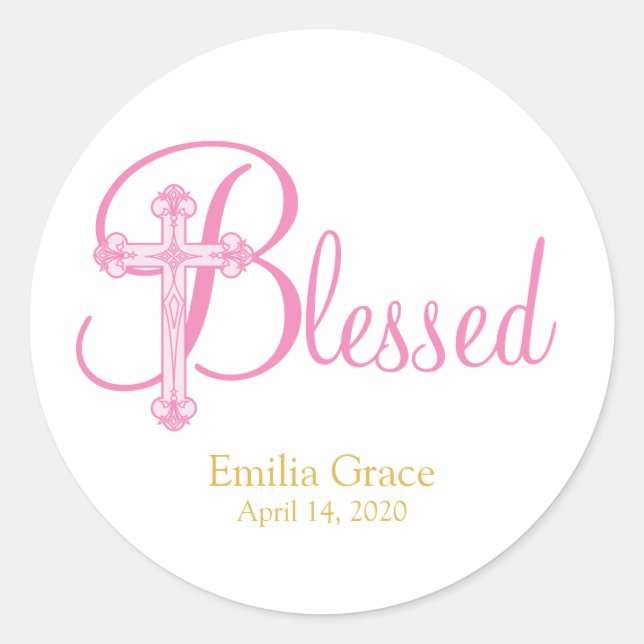 Sticker Rond élégant CHRISTENING ou croix d'or rose BAPTISM (Devant)