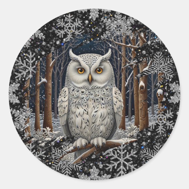 Sticker Rond Elegant Christmas white owl woodland winter forest (Devant)