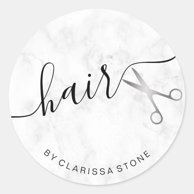 Sticker Rond Elégant ciseaux de marbre blanc et argent coiffeus (Devant)