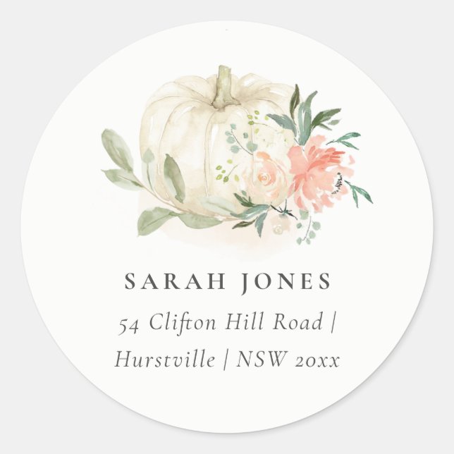 Sticker Rond Élégant Citrouille blanc doux Blush Floral Adresse (Devant)